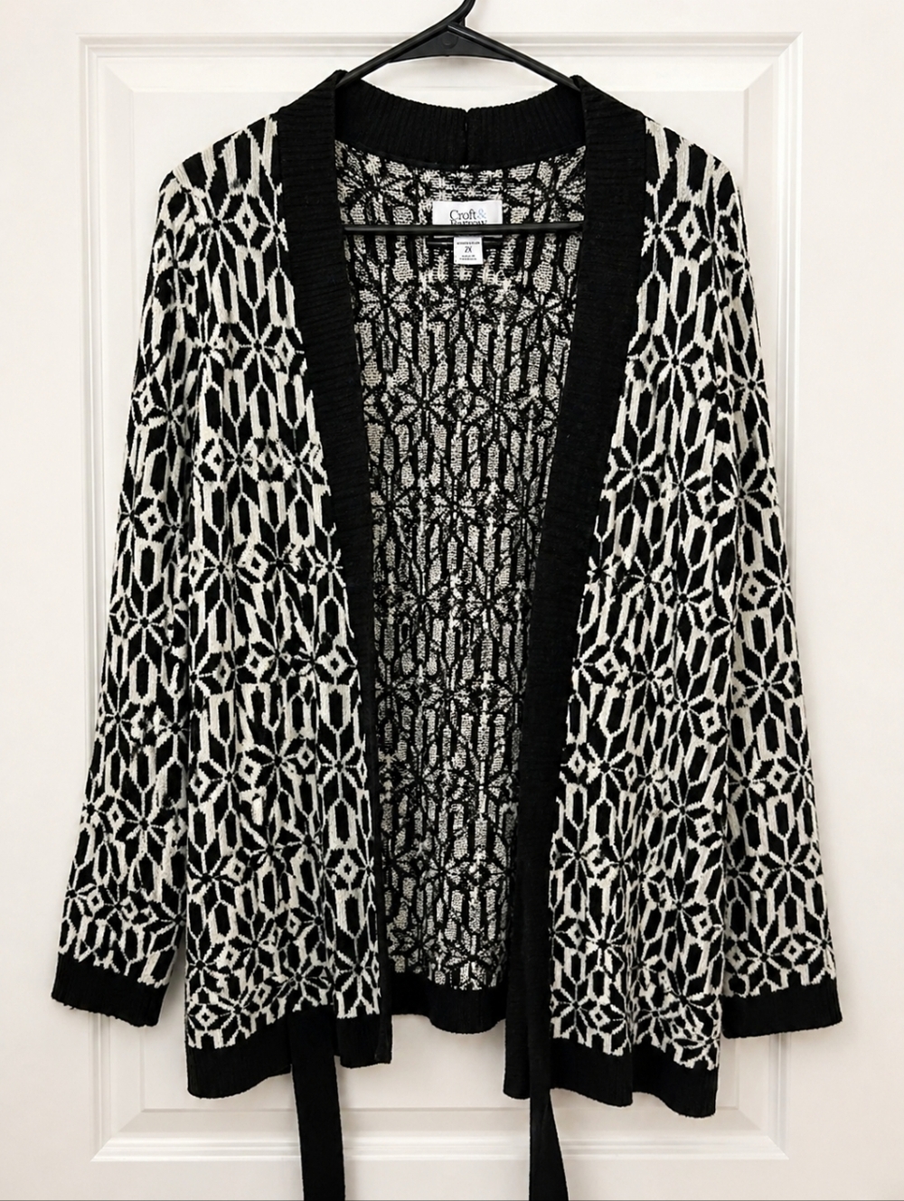 Croft & Barrow 2X Black White Geometric Cardigan Open Front Tie Waist NWOT